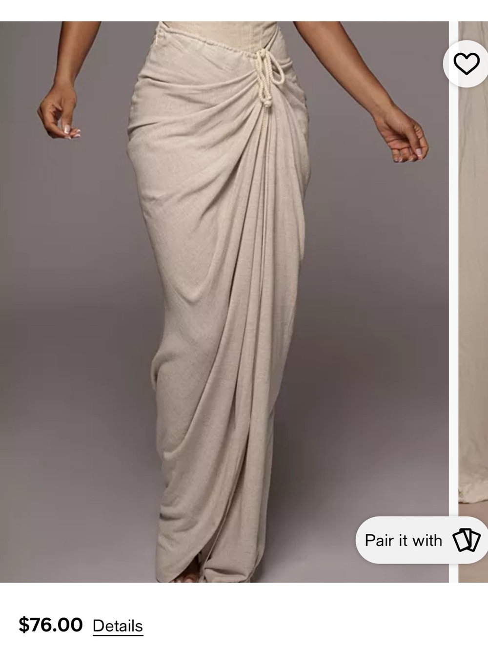 Beige Draped Maxi Skirt with Tie Detail